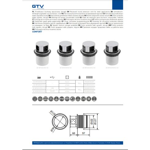 GTV Comfort Elosztó 3+2USB schuko inox